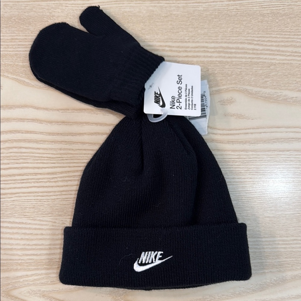 Nike Toddler Knit Black Beanie and Mittens Set
